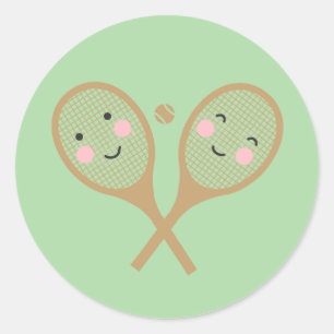 Kawaii Tennis Rackets Happy Face Cute Brown Classic Round Sticker