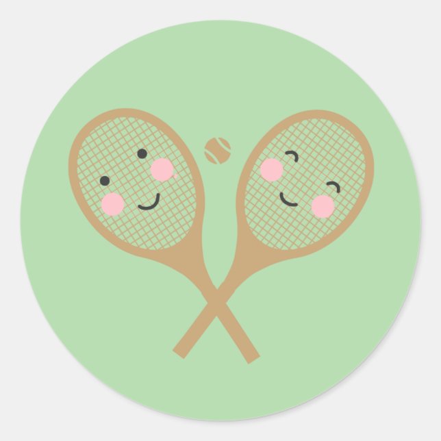 Kawaii Tennis Rackets Happy Face Cute Brown   Classic Round Sticker (Front)