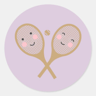 Kawaii Tennis Rackets Happy Face Cute Lavender Classic Round Sticker