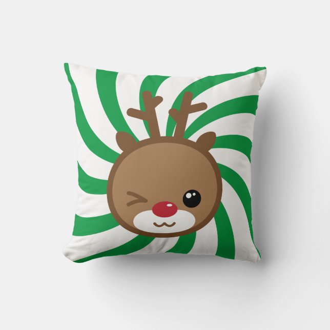 Kawaii the Red Nose Reindeer Throw Pillow (Front)