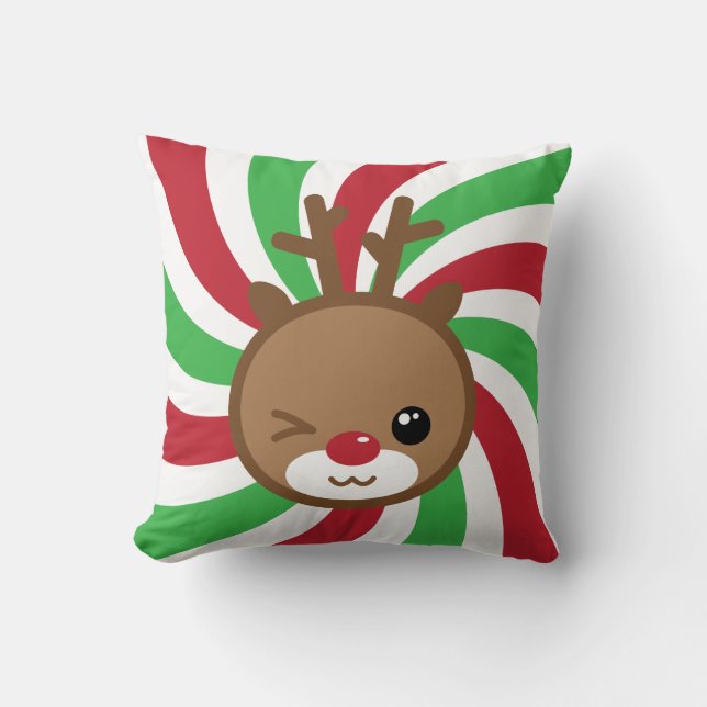 Kawaii the Red Nose Reindeer Throw Pillow (Front)