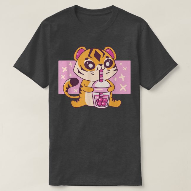 Kawaii Tiger Baby with Boba Tea Cute Japanese Grap T-Shirt (Design Front)