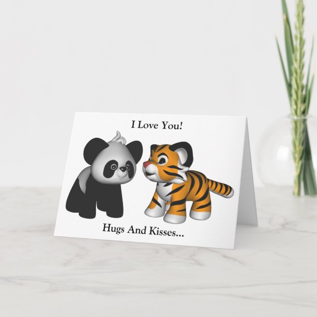 Kawaii Tiger Panda Hugs And Kisses Card (Front)