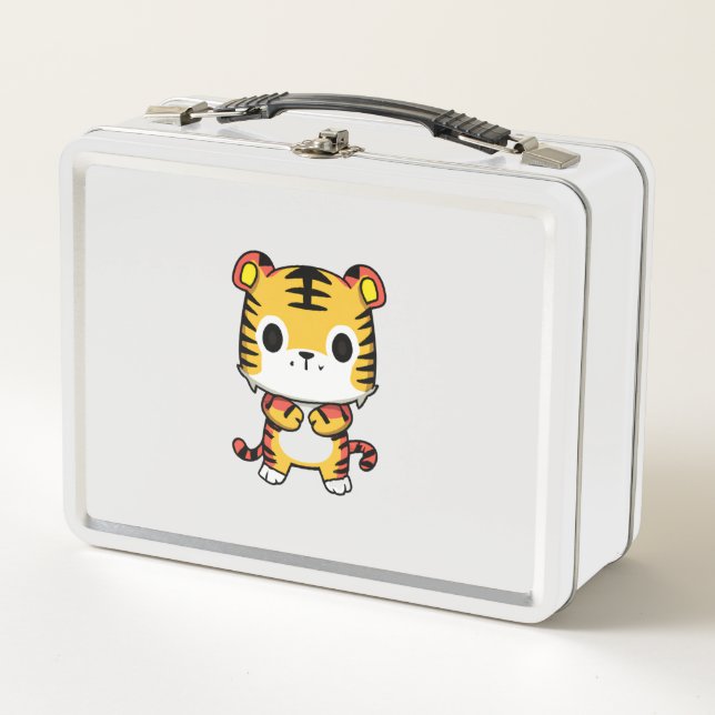 Kawaii Tiger White Metal Lunchbox (Front)
