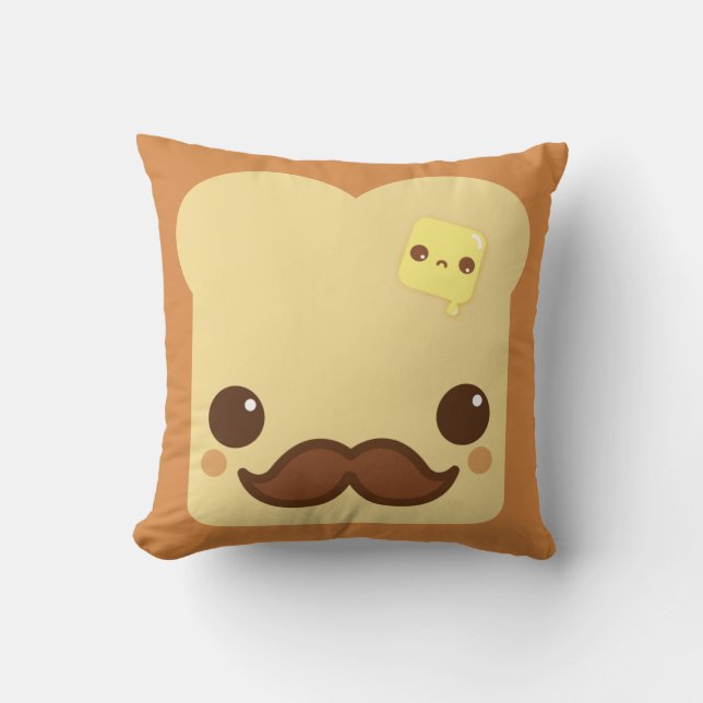 Kawaii toast with mustache and cute butter throw pillow (Front)