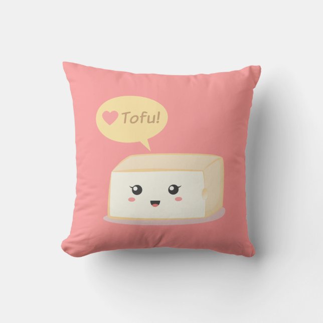 Kawaii tofu asking people to love tofu throw pillow (Front)