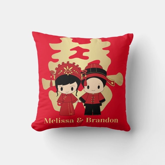 Kawaii Traditional Chinese  Wedding Couple Throw P Throw Pillow (Front)