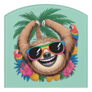 Kawaii Tropical Sloth – Cute Summer Vibes Rainbow Door Sign