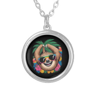 Kawaii Tropical Sloth – Cute Summer Vibes Rainbow Silver Plated Necklace