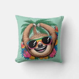 Kawaii Tropical Sloth – Cute Summer Vibes Rainbow Throw Pillow
