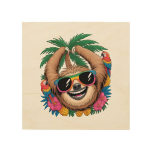 Kawaii Tropical Sloth – Cute Summer Vibes Rainbow Wood Wall Art