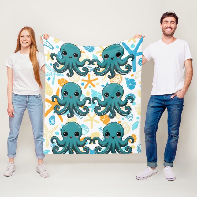 Kawaii Under the Sea Octopus Pattern Fleece Blanket (In Situ)