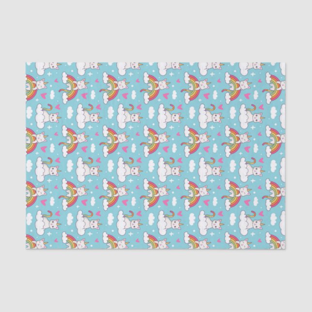 Kawaii Unicorn Cat Rainbow Pattern Valentine's Day Tissue Paper (Front)