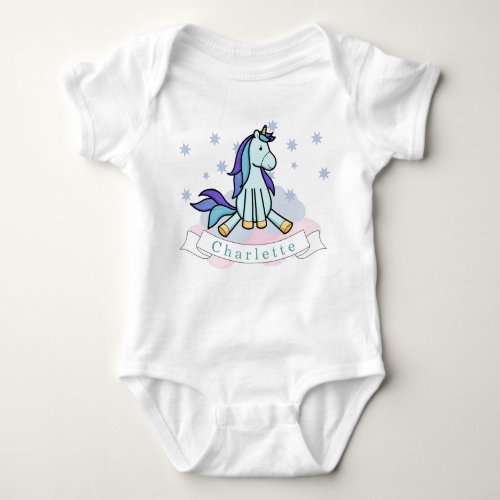 Kawaii Unicorn Colorful Cute Stars Clouds Name Baby Bodysuit