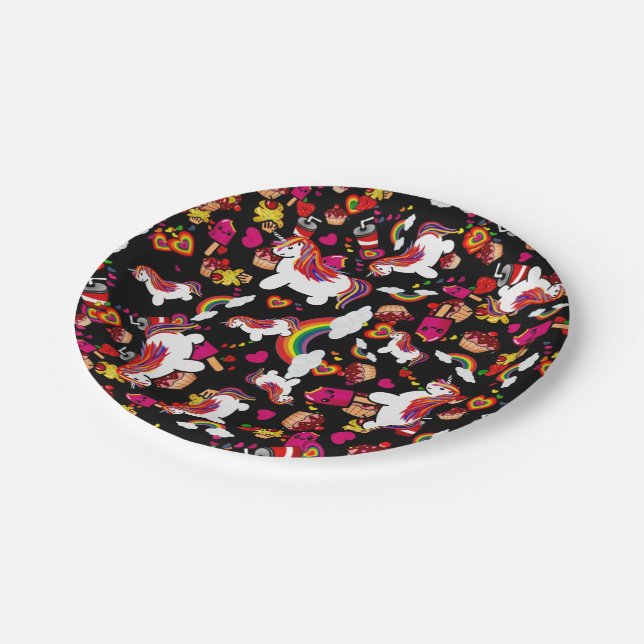 Kawaii Unicorn Cupcake Doodles Personalized Paper Plates (Angled)