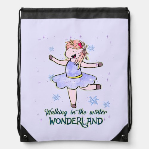 Kawaii Unicorn  Walking during Winter Drawstring Bag