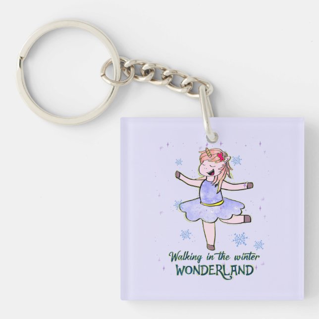 Kawaii Unicorn | Walking during Winter Keychain (Front)