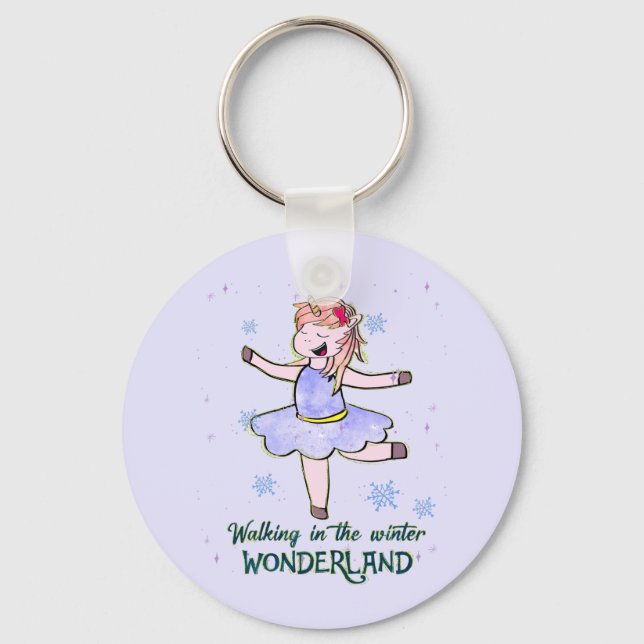 Kawaii Unicorn | Walking during Winter Keychain (Front)