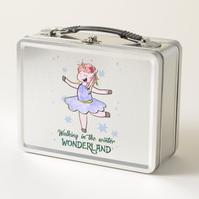Kawaii Unicorn | Walking during Winter Metal Lunch Box (Front)