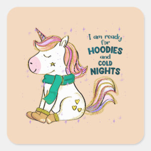 Kawaii Unicorn Winter and Hoodies Square Sticker