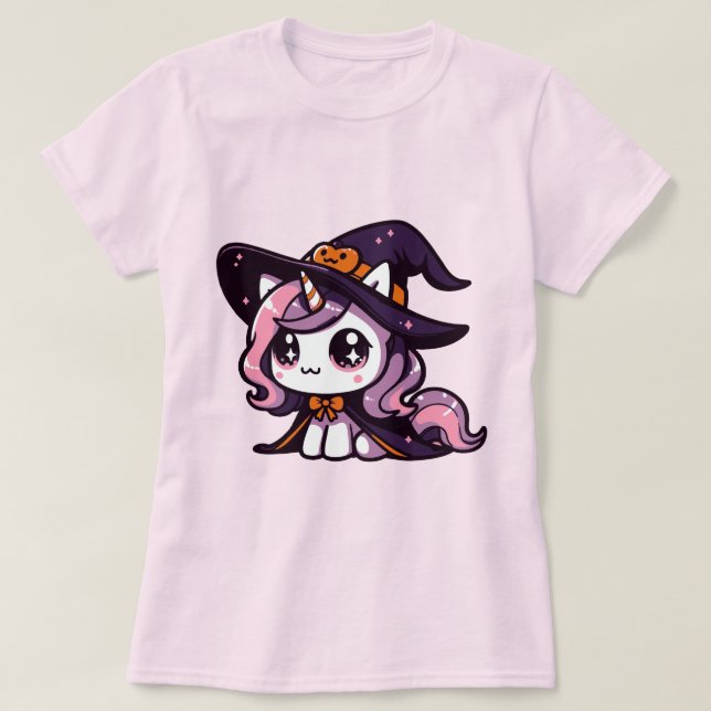 Kawaii Unicorn Witch Cute Halloween Fantasy Art T-Shirt (Design Front)