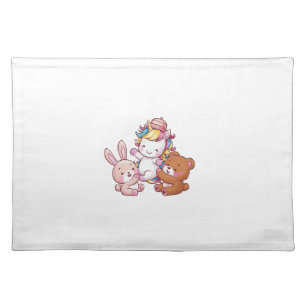 Kawaii unicorn with bunny and teddy bear Long Slee Cloth Placemat