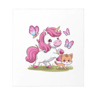 Kawaii unicorn with cat and butterflies Long Sleev Notepad