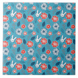 Kawaii Usagi Floral Pattern Ceramic Tile<br><div class="desc">This is a pattern of rabbits (‘usagi’ in Japanese),  various flowers,  and leaves. It was colored in teal and scarlet colors. This is a hand drawn art. The pattern and color is influenced by modern Japanese kimonos.</div>