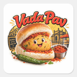 Kawaii Vada Pav Sticker, Mumbai Street Food Retro Square Sticker