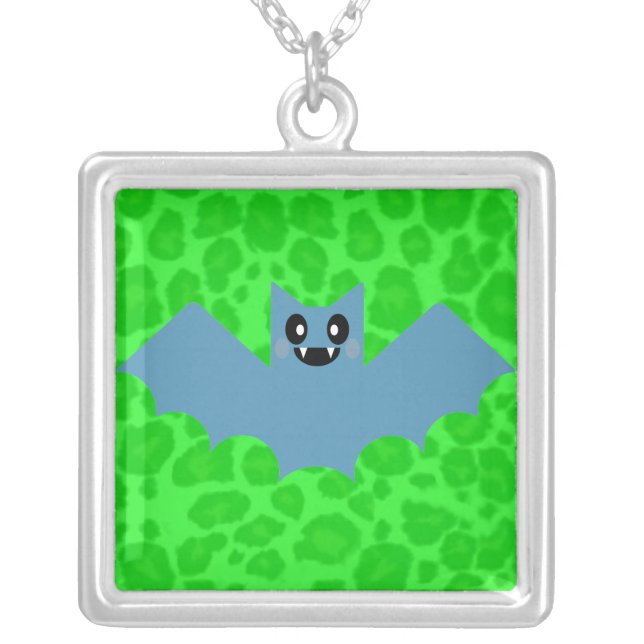 Kawaii Vampire Bat Green Leopard Print Necklace (Front)