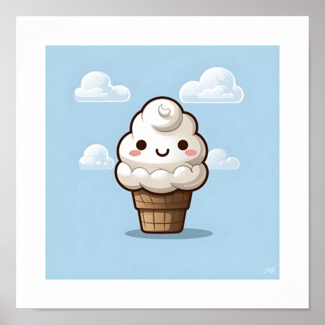 Kawaii Vanilla Ice Cream Cone Poster (Front)