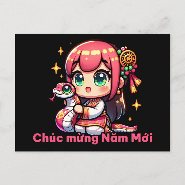 Kawaii Vietnamese New Year Girl & Snake Postcard (Front)