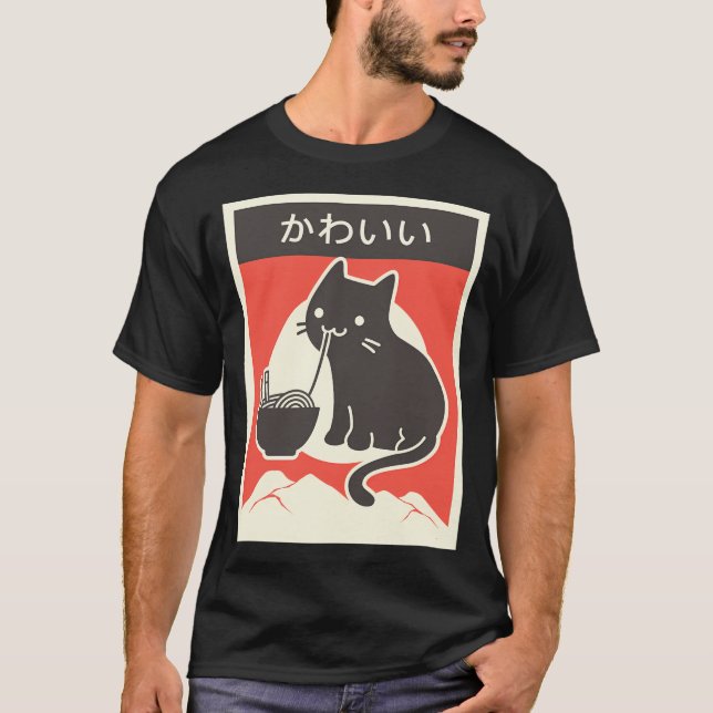 Kawaii Vintage Style Japenese Ramen Cat T-Shirt (Front)