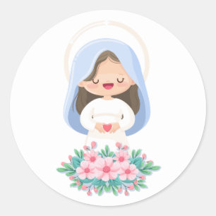 Kawaii Virgin Mary Holding Heart – White Classic Round Sticker