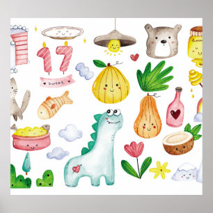 Kawaii watercolor doodles, sticker ready. poster