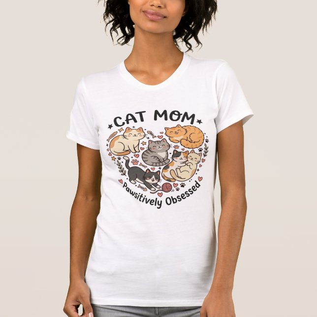 Kawaii Watercolor Feline Heart Cat Mom T-Shirt (Front)