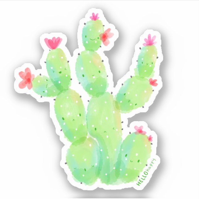 kawaii watercolor prickly pear cactus botanical sticker (Front)