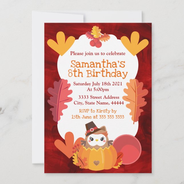 Kawaii Watercolor Thanksgiving Owl Birthday Invitation (Front)