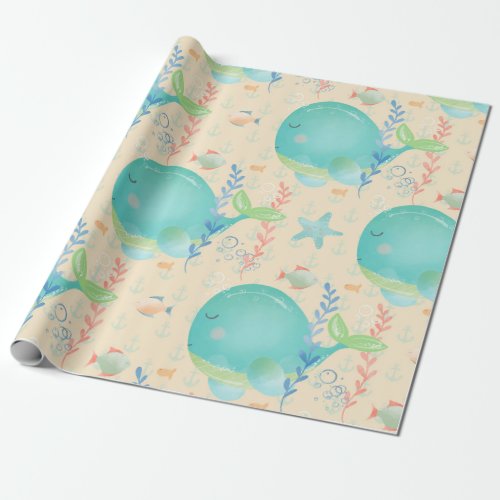 Kawaii Whale Under The Sea Baby Shower Pattern Wrapping Paper