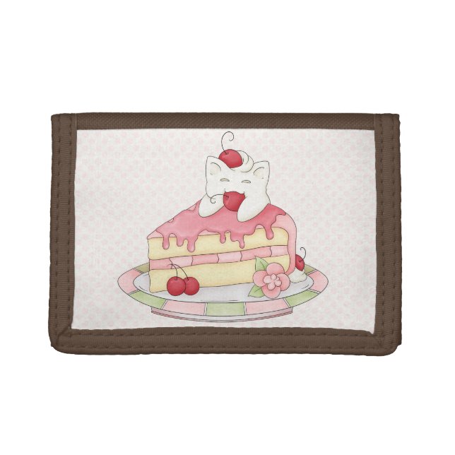 Kawaii Whipped Cream Kitty & Cherry Cake Trifold Wallet (Front)