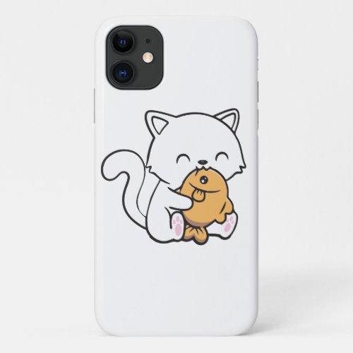 Kawaii white cat eating fish iPhone 11 case