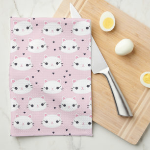 Kawaii White Cat Face Pattern on Pink Kitchen Towel