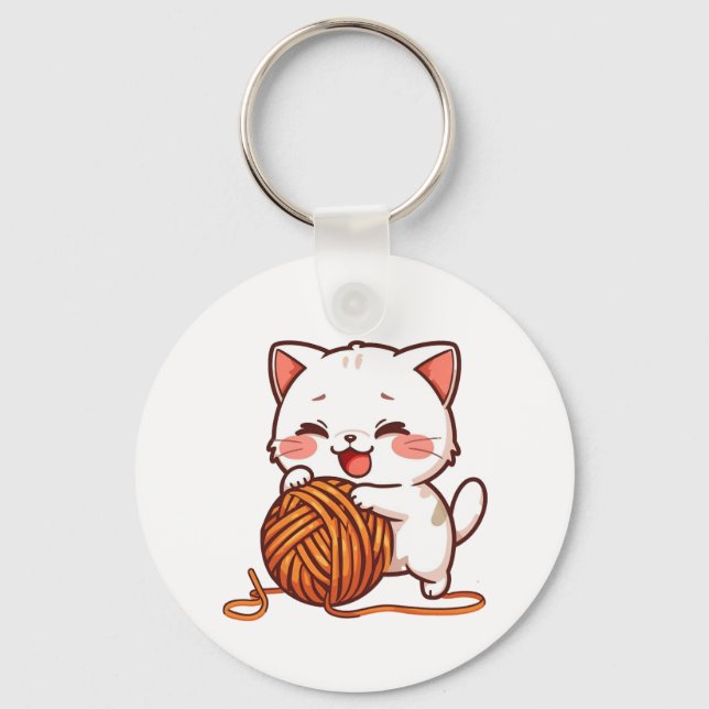 Kawaii White Kitten with Woolen Ball Keychain (Front)