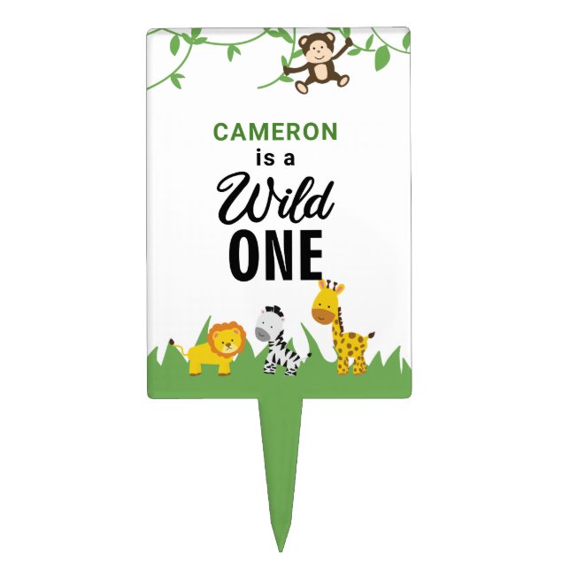 Kawaii Wild One Birthday Safari Jungle Animals Cake Topper (Front)