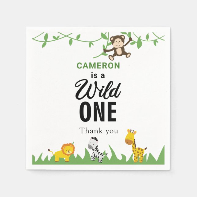 Kawaii Wild One Birthday Safari Jungle Animals Napkins (Front)
