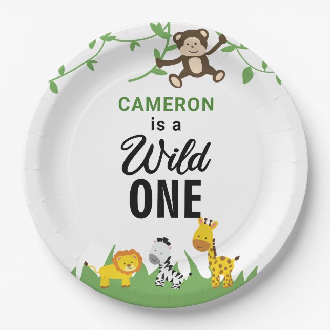 Kawaii Wild One Birthday Safari Jungle Animals Paper Plates (Front)