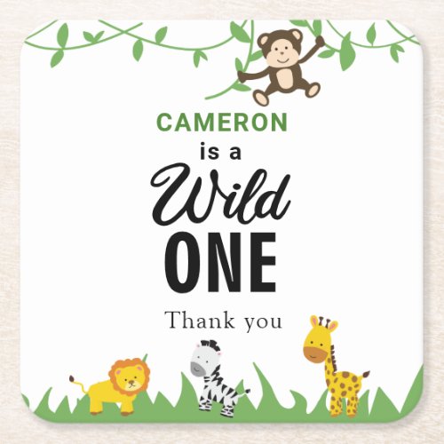 Kawaii Wild One Birthday Safari Jungle Animals Square Paper Coaster