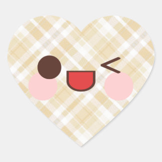 Kawaii Winking Face Brown Plaid Heart Sticker