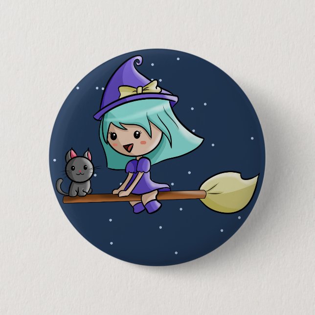 Kawaii Witch Badge Pinback Button (Front)
