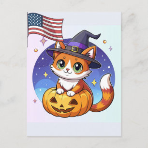Kawaii Witch Cat Halloween Pumpkin July Celebratio Holiday Postcard